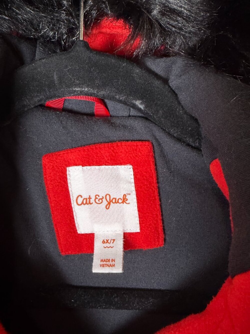 Cat & Jack Red Coat with Fur Trim & Black Piping Size 6X/7 - Picture 5 of 9